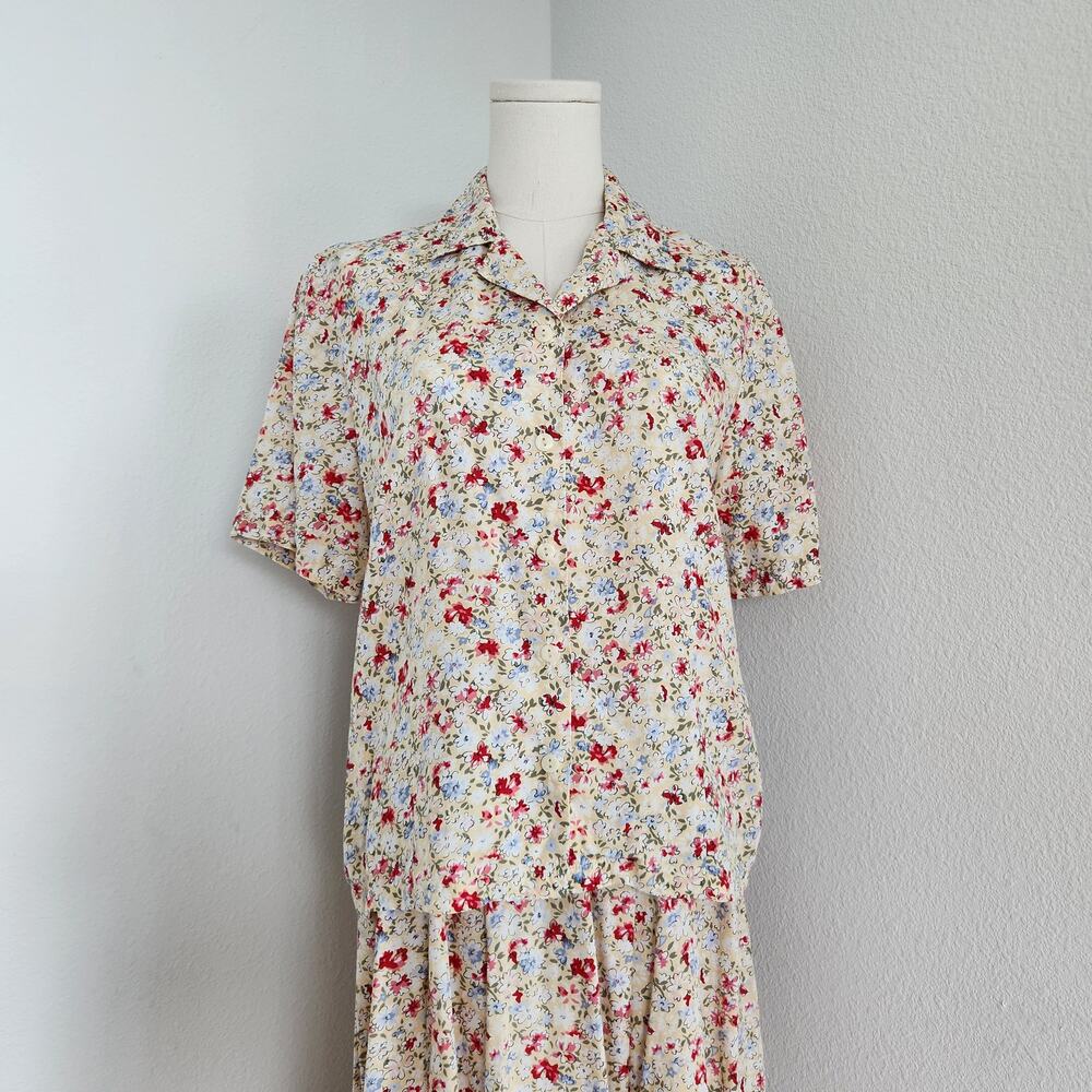 Vintage 90s Pendleton Yellow Floral Rayon Blouse & Skirt Set High Waist Size 6 - Picture 3 of 16